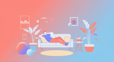 A relaxed person reclines on a light-colored sofa in a subtly colored living room, decorated with plants and abstract art.