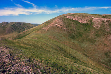 Magnificent landscape of the Karama Runtau ridge at sunset on a spring day