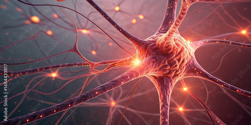 Poster closeup of a neuron with glowing synapses, representing neural activity and brain function.