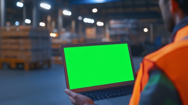 Warehouse worker with laptop in facility.