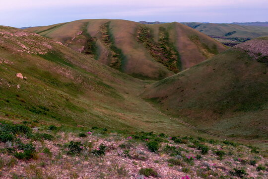 Magnificent landscape of the Karama Runtau ridge at sunset on a spring day