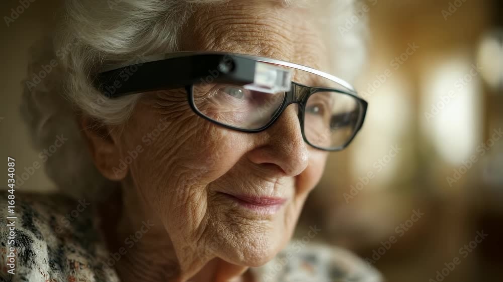 Poster medium shot of a hardofhearing elder viewing smart glasses with streaming subtitles precise focus on