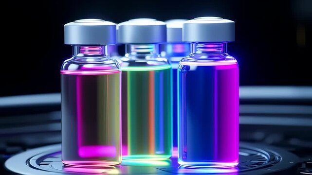 Neon-lit vials of liquid rest on a dark surface