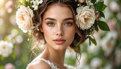 A beautiful young woman, adorned with a delicate floral crown, exudes grace and serenity amidst a garden setting. Her captivating gaze and soft complexion create a serene and peaceful atmosphere.