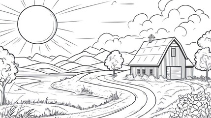 Rural landscape, sunlit farm, winding road, coloring book image