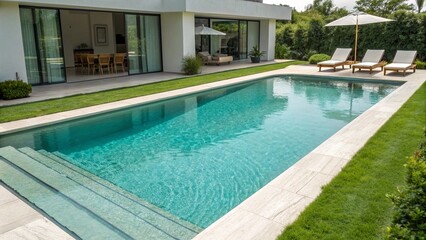 Luxurious Modern Swimming Pool with Grass Edges and Minimalist Outdoor Furniture in Villa Garden
