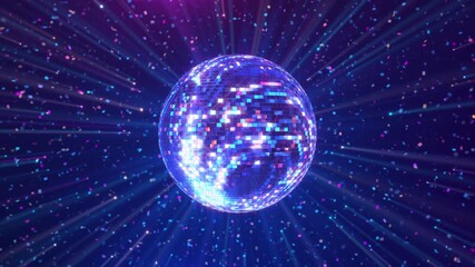 Disco Ball Reflected Moving Rays Rotating. Mirror3D disco ball in white light. Isolated disco ball on black background. Close-up. Mirror ball spinning indoors. Performance. The reflection of lights