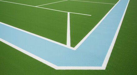 Obraz premium A close-up view of a light-blue painted court section, contrasting sharply with the surrounding vibrant green surface, featuring well-defined white lines delineating the court's boundaries.