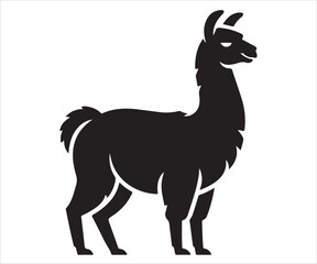Black silhouette vector illustration of a llama standing in profile, simple animal design concept representing wildlife, farm livestock, Andean culture, nature, and domestic animals