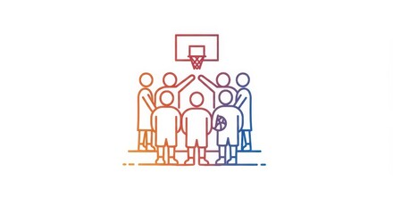 A group of people in various shades of orange, red, and purple are gathered around a basketball hoop, demonstrating teamwork and anticipation.