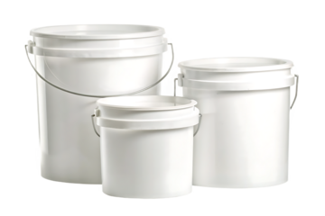 Three white plastic buckets with metal handles isolated on a transparent background