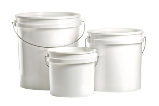 Three white plastic buckets with metal handles isolated on a transparent background