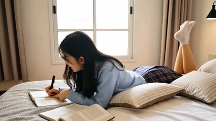 Young asian student in a school uniform lies on her bed writing homework in a notebook, studying in a bright cozy bedroom with natural daylight through the window.
 - Powered by Adobe