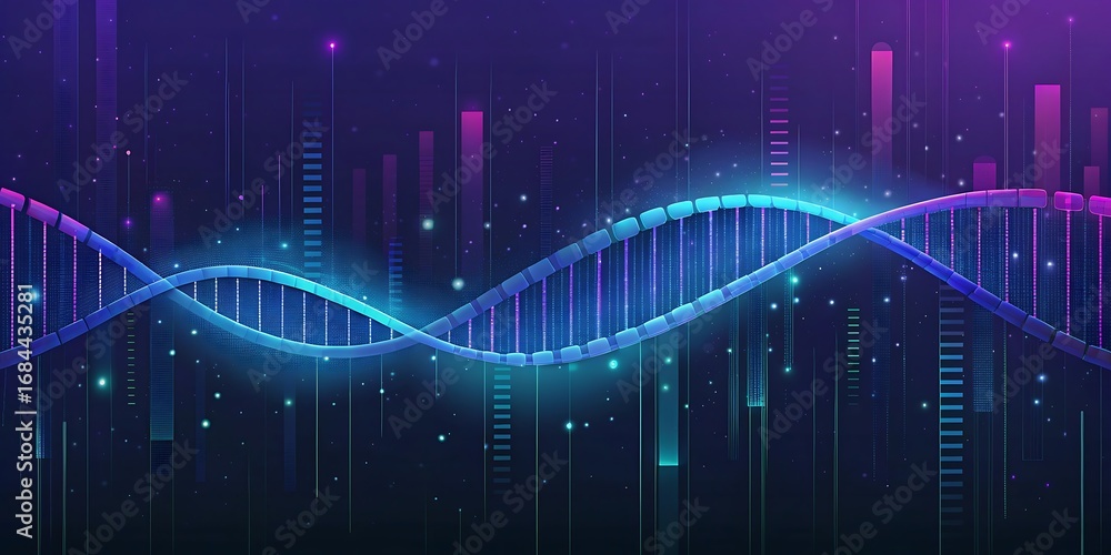 Poster abstract representation of a dna double helix with glowing blue and purple strands against a dark ba