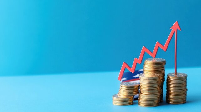 Tariff hike scene with stacked coins, USA flag, and economic arrow, financial concept image