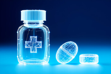 Glowing medical bottle pill and cap with digital network medicine