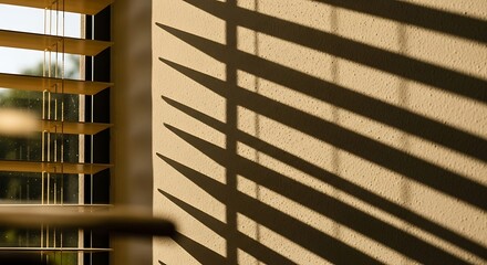 Strong diagonal shadows from window blinds cast onto a light-colored wall by sunlight.