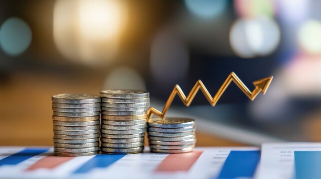 Tariff hike scene with stacked coins, USA flag, and economic arrow, financial concept image - Powered by Adobe