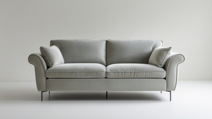 A light gray velvet sofa, elegant and modern, sits against a simple white backdrop.