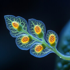 Intricate Translucent Green Plant with Bright Orange Structures