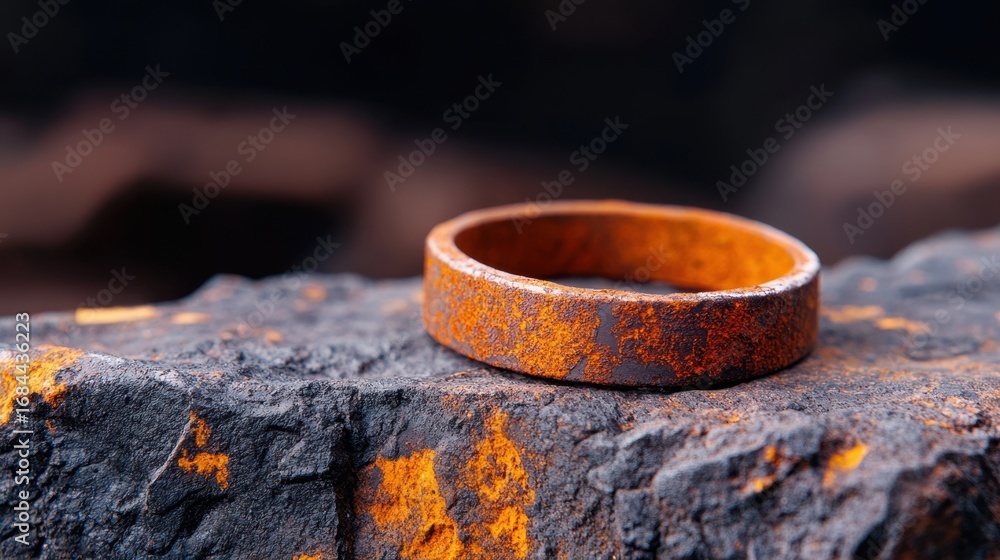 Poster textured surface of weathered iron with bold rust patterns and a single oxidized ring
