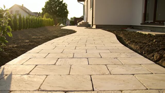 Pathway Constructed of Rectangular Tiles Leading to a White House Surrounded by Green Bushes Under Sunlight