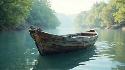 Obraz premium Rustic Wooden Boat Drifting on Calm Turquoise Lake Surrounded by Green Landscape