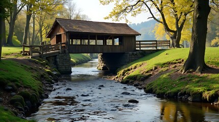 Obraz premium Covered Wooden Bridge over Serene Stream in Autumn Park Landscape