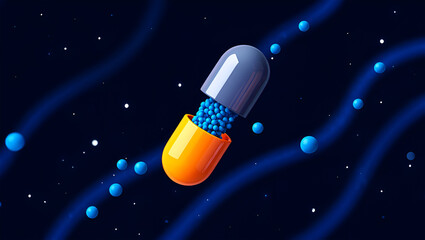 Open capsule releasing blue spheres against dark blue wavy background image