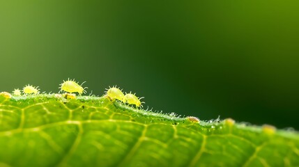 Fototapeta premium Tiny green aphids clustered on a vibrant green leaf edge