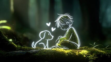 Bioluminescent Forest Scene Illustration Featuring Human and Canine Interaction in Low-Light Ecosystem