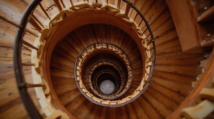 Fototapeta premium Ornate Wooden Spiral Staircase Descending into a Dimly Lit Well