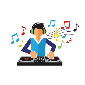 Illustrative dj spinning tunes with musical notes floating around, promoting vibrant entertainment