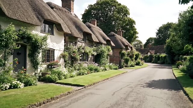 Idyllic Village Street With Thatched Roof Cottages in English Countryside on Sunny Day