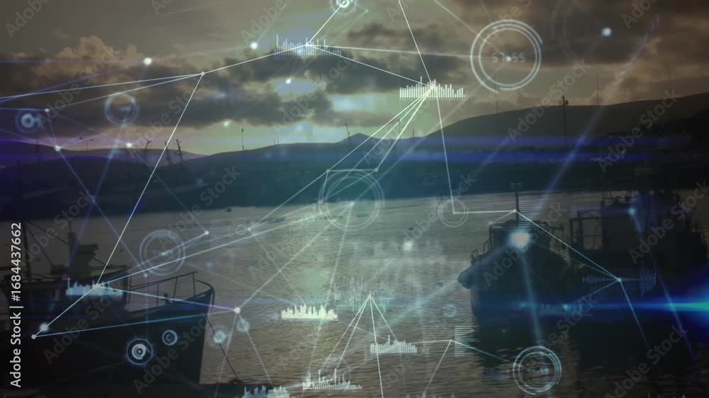 Poster animation of network of connections and data processing over landscape