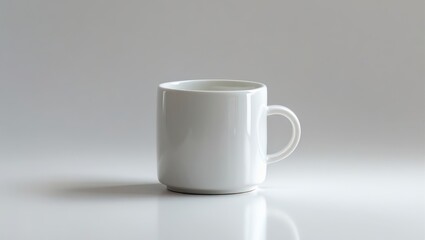 Fototapeta premium A simple, clean white ceramic mug sits on a plain white surface, highlighting its smooth texture and polished finish.