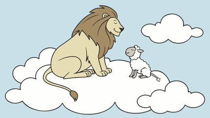 Lion and lamb cartoon illustration on clouds, friendship concept vector art for kids and adults alike