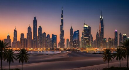 Fototapeta premium Dubai's majestic skyline merges with serene desert landscapes under vibrant skies