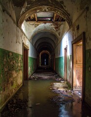 Fototapeta premium A flooded, decaying hallway