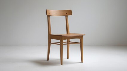A simple, light-brown wooden chair stands against a plain white background.