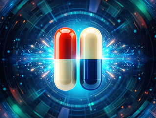 Red and yellow blue capsules glowing with energy medicine