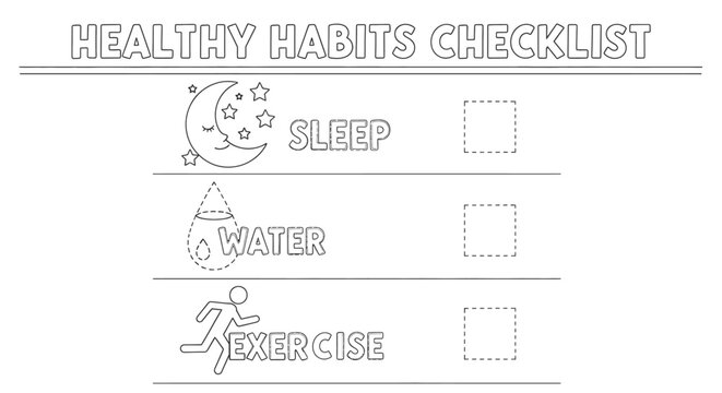 Vector art of healthy habits checklist with sleep, water, and exercise icons and checkboxes