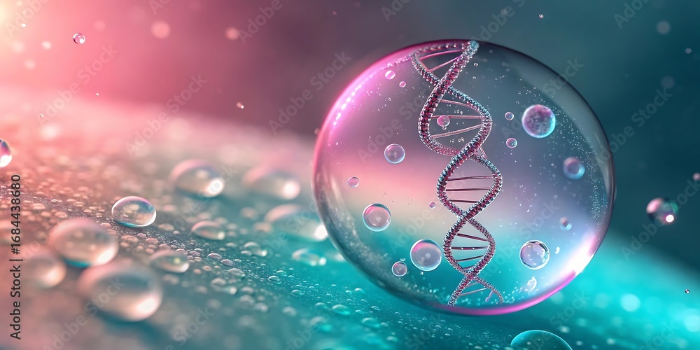 Poster dna double helix inside a water droplet on a textured surface with bokeh and light effects.