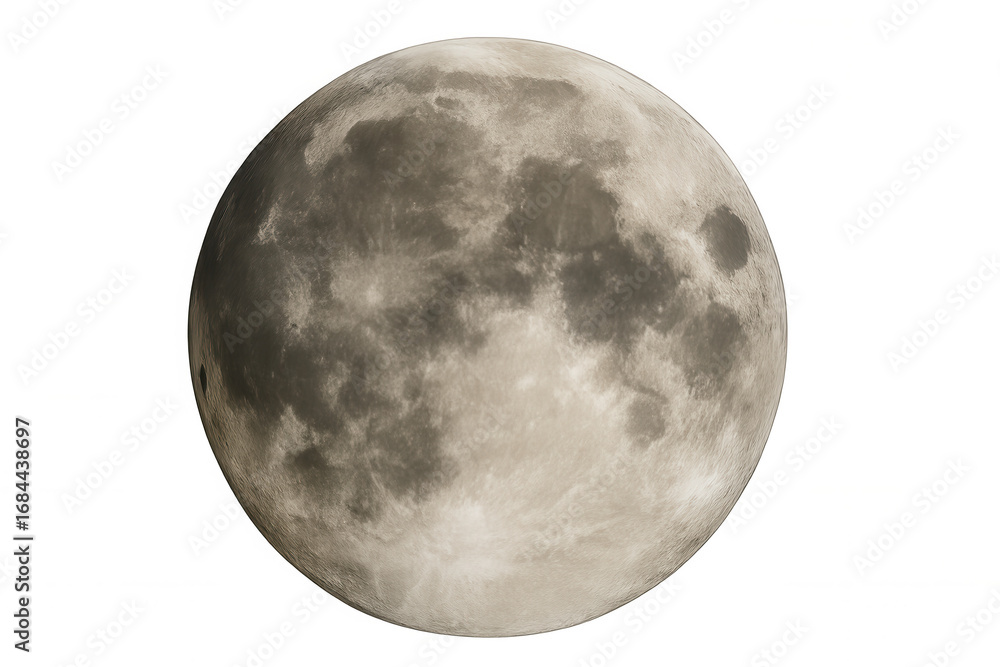 Poster photorealistic 3d rendering of the full moon rotating slowly against a transparent background, perfe