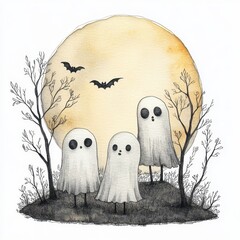 Halloween-themed Spectral Apparition Illustration with Gothic Aesthetic and Nightscape Elements