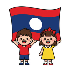 Cartoon children joyfully waving the national flag of Laos with patriotic enthusiasm