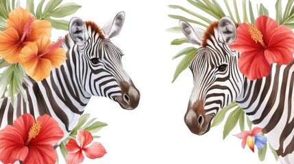 Tropical animal print featuring zebra and flowers like hibiscus and bird of paradise in watercolor style