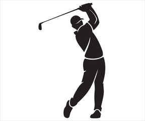 Black silhouette vector illustration of a golfer swinging club, athletic sports design concept representing golf game, recreation, competition, outdoor activity, and lifestyle