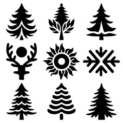 Set of unique evergreen tree and nature silhouette icons in solid black style, minimal vector design, perfect for decoration, logos, stickers, and eco-friendly projects.