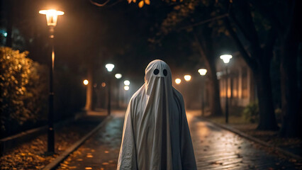 Naklejka premium A Spooky Ghost in the Night A Figure in a Sheet Strolls a Dark, Cobbled Path